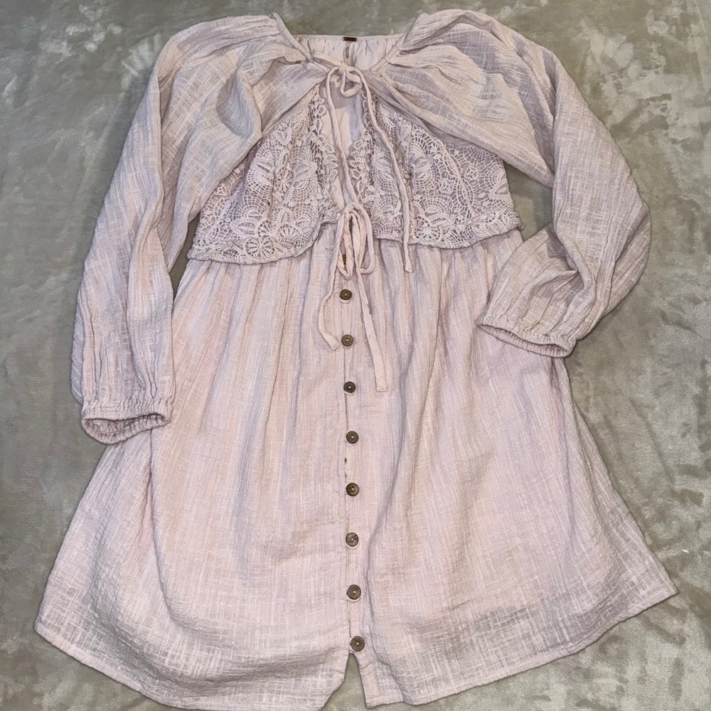 Free People Pink Lace Gauze Mini Dress Long Sleeve Boho Button Front XS